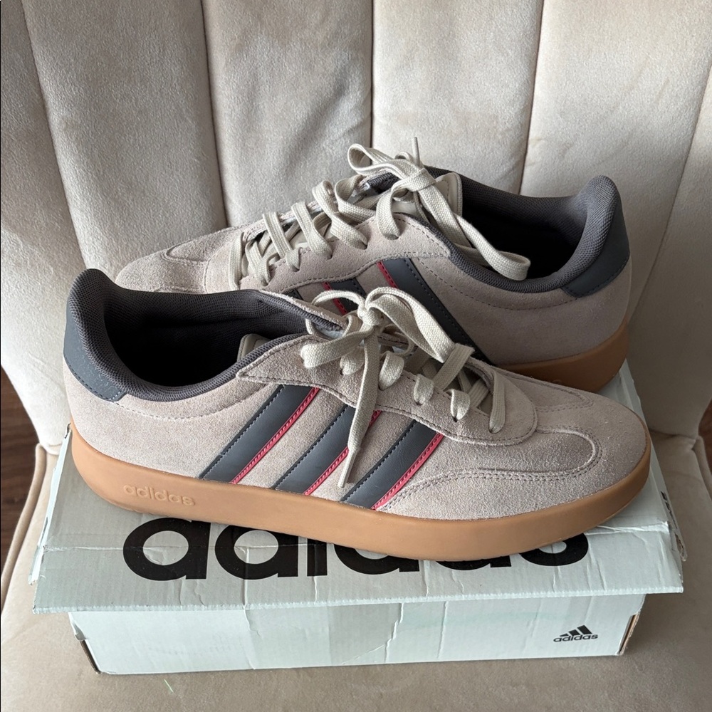 Adidas Men's Beige and Black Sneakers with Red Accents